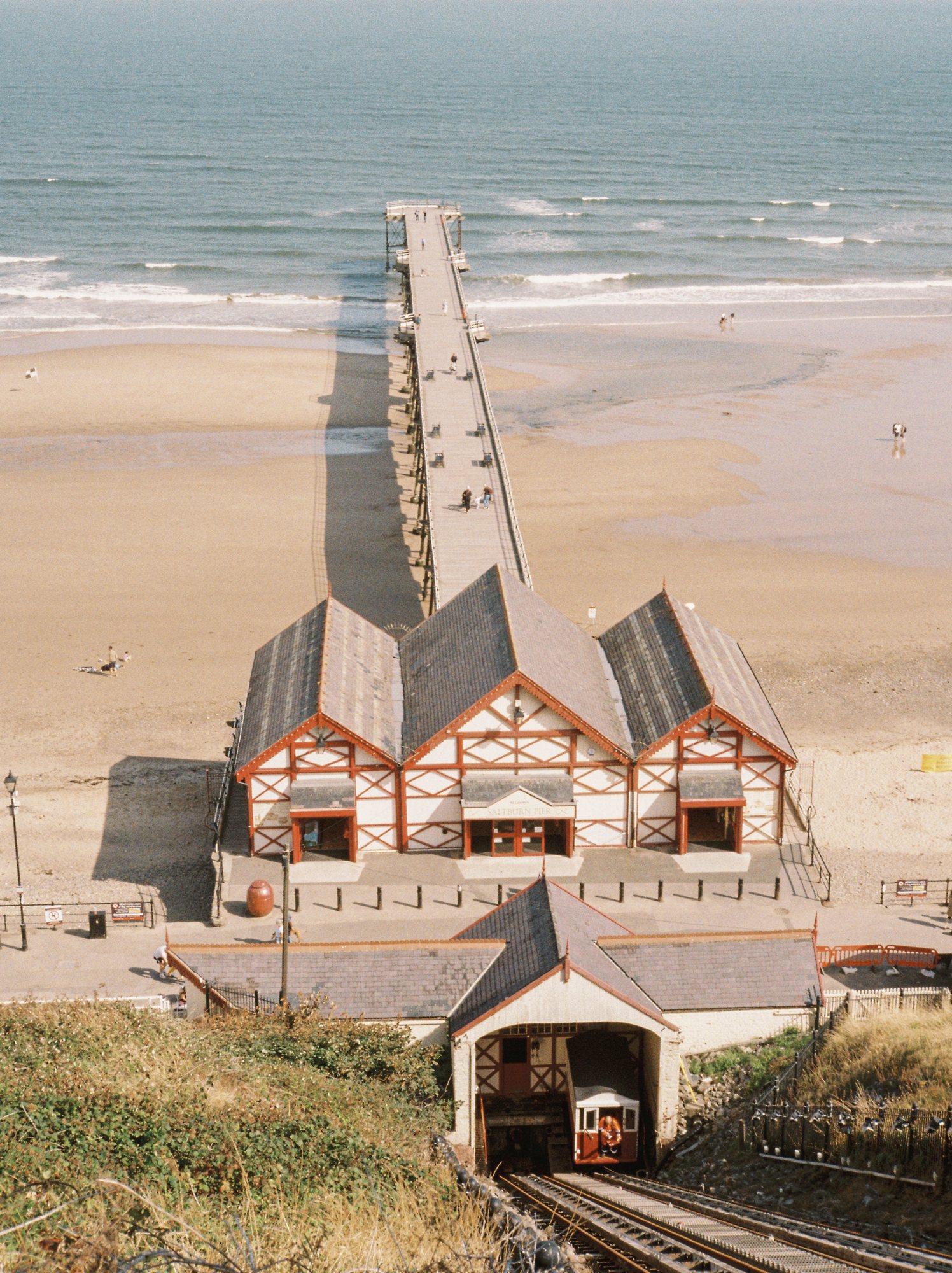 Saltburn pier building and cliff lift seen from above